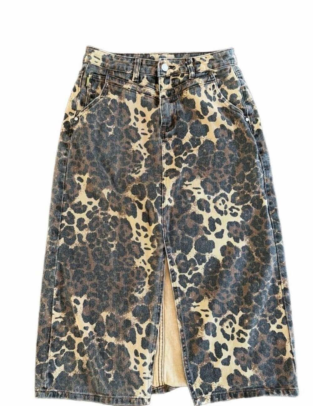 FRNCH Paris Leopard Print Denim Midi Skirt with Front Slit Size S